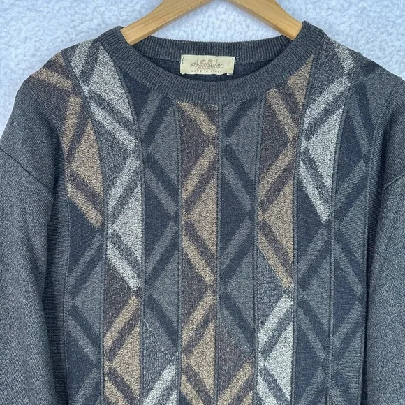 Montechiaro Italy Merino Wool Blend Sweater Mens Brown Geometric Crewneck